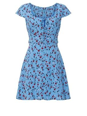 BB Dakota Light Blue Floral Tie-Neck Mini Dress
